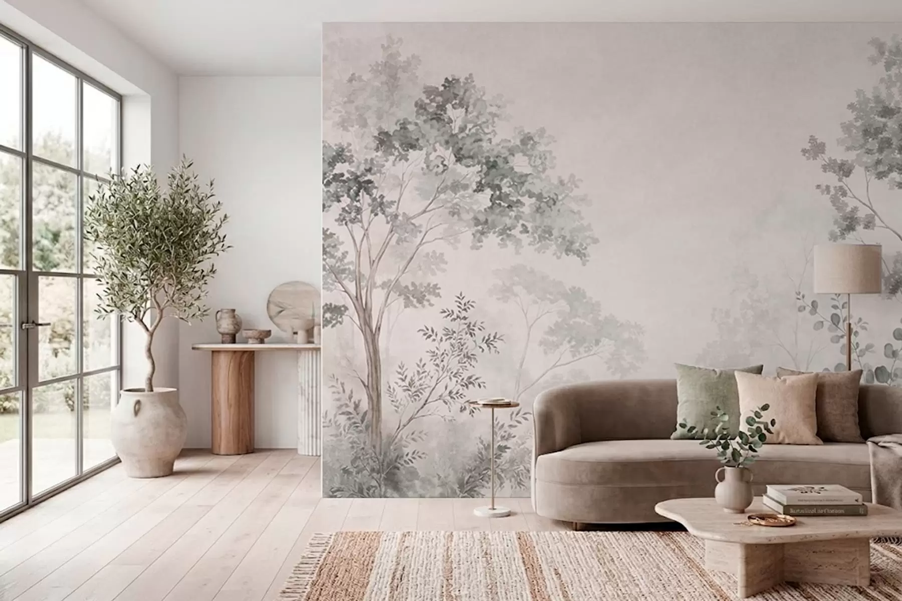 wall murals Forest trees and greenery on a light misty background w05856v1