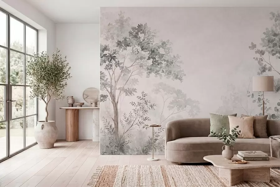 wall murals Forest trees and greenery on a light misty background w05856v1