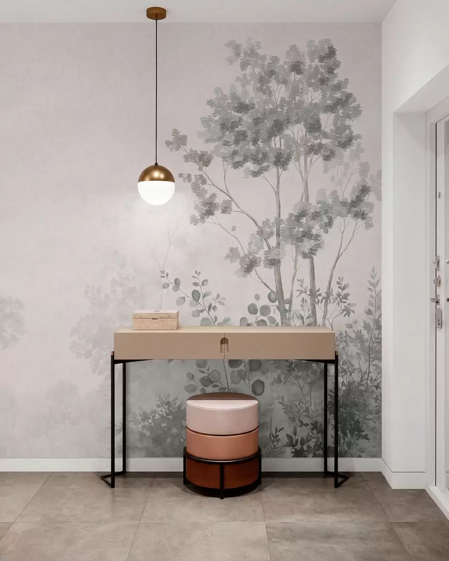 wall murals Forest trees and greenery on a light misty background w05856v1