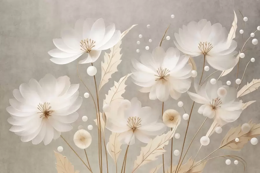 wall murals Large white flowers with decorative leaves on a gray background w05857
