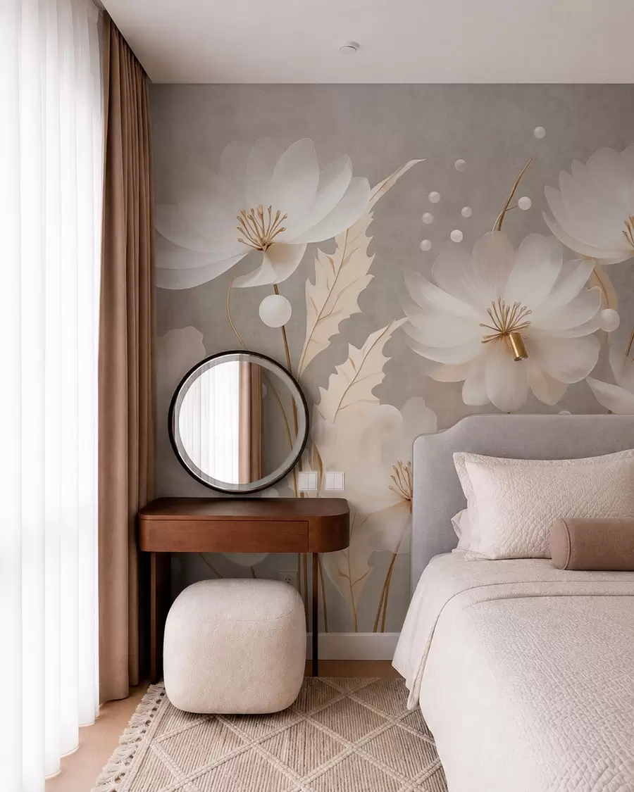 wall murals Large white flowers with decorative leaves on a gray background w05857