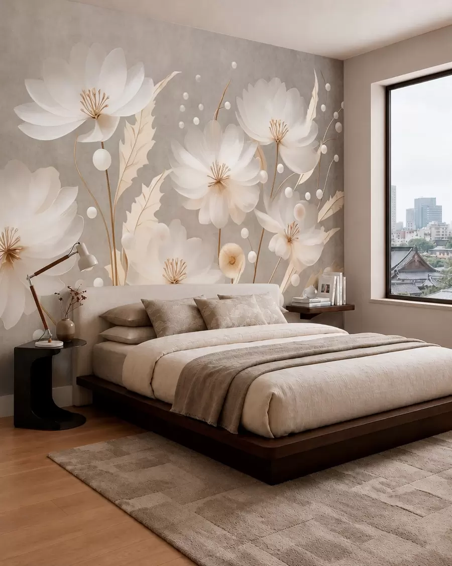 peintures murales De grandes fleurs blanches accompagnées de feuilles décoratives sur un fond gris w05857