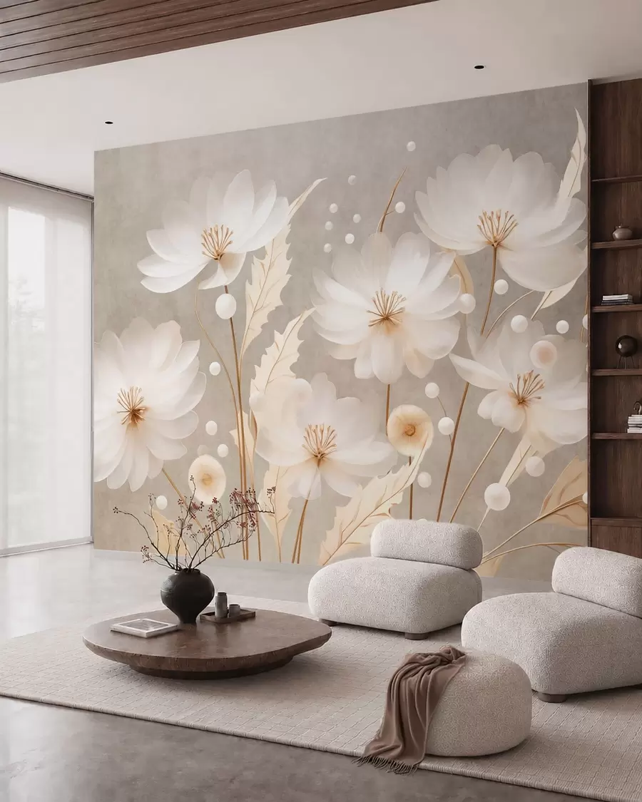 peintures murales De grandes fleurs blanches accompagnées de feuilles décoratives sur un fond gris w05857