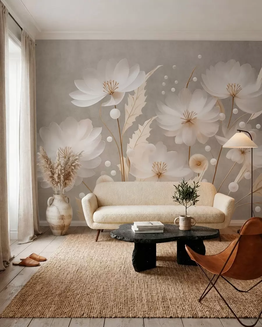peintures murales De grandes fleurs blanches accompagnées de feuilles décoratives sur un fond gris w05857