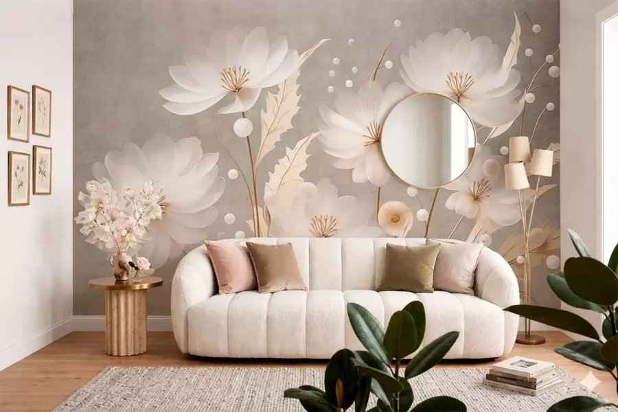 peintures murales De grandes fleurs blanches accompagnées de feuilles décoratives sur un fond gris w05857