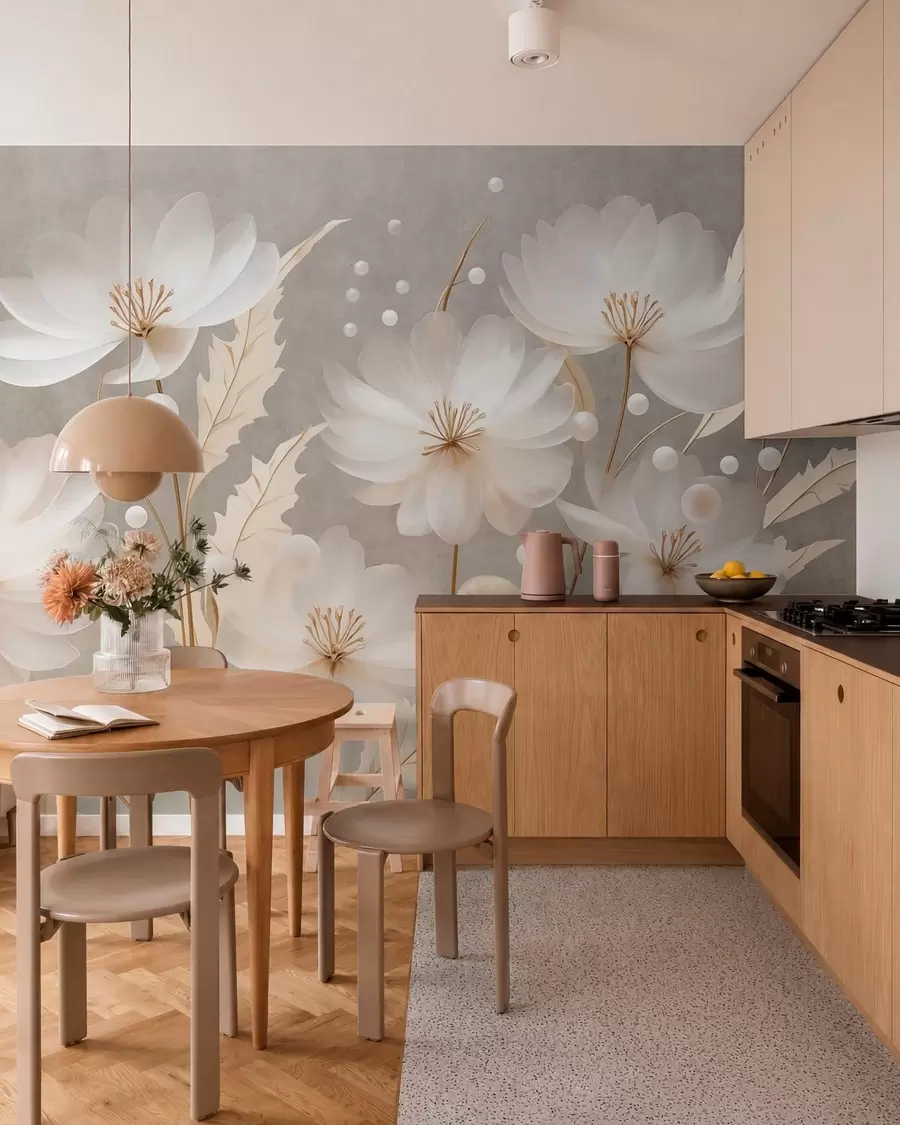 peintures murales De grandes fleurs blanches accompagnées de feuilles décoratives sur un fond gris w05857