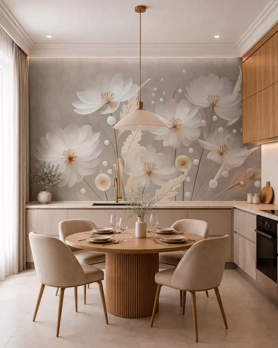 peintures murales De grandes fleurs blanches accompagnées de feuilles décoratives sur un fond gris w05857
