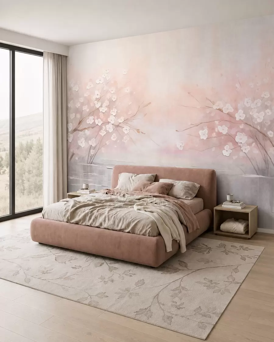 peintures murales Des branches fleuries au-dessus d'une eau calme, dans des tons rose pâle w05858