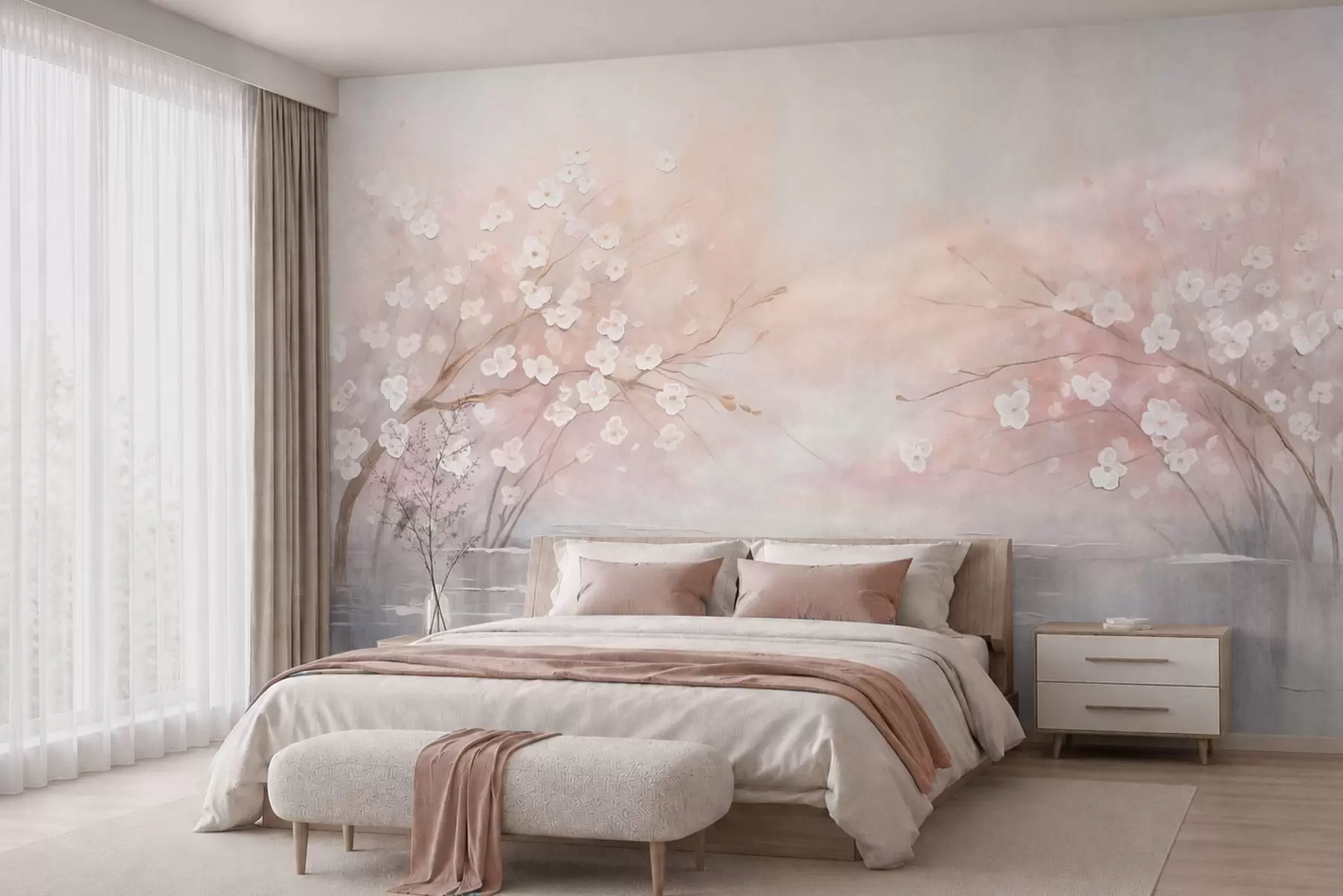 wall murals Flowering branches over calm water in soft pink tones w05858