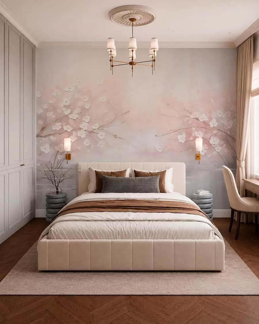 peintures murales Des branches fleuries au-dessus d'une eau calme, dans des tons rose pâle w05858