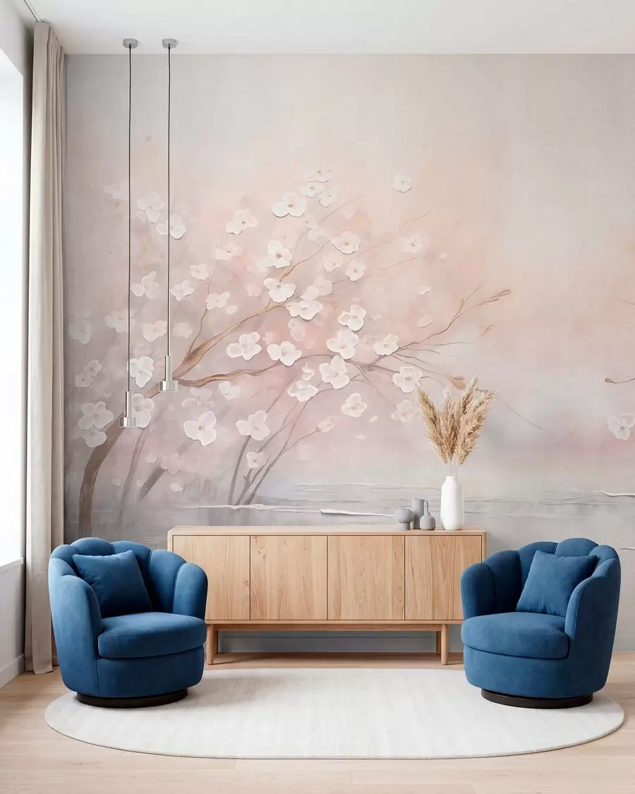 peintures murales Des branches fleuries au-dessus d'une eau calme, dans des tons rose pâle w05858