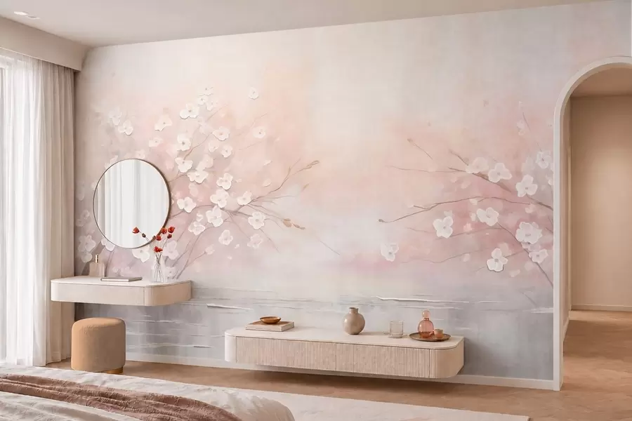 wall murals Flowering branches over calm water in soft pink tones w05858