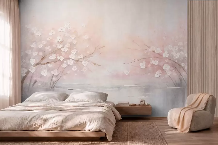 peintures murales Des branches fleuries au-dessus d'une eau calme, dans des tons rose pâle w05858