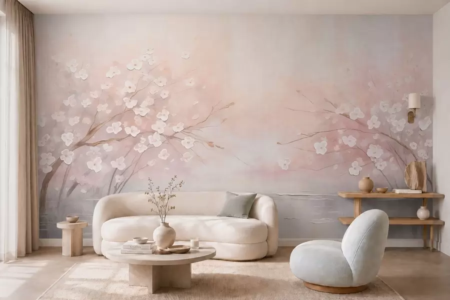 peintures murales Des branches fleuries au-dessus d'une eau calme, dans des tons rose pâle w05858