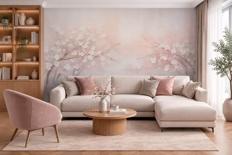 peintures murales Des branches fleuries au-dessus d'une eau calme, dans des tons rose pâle w05858