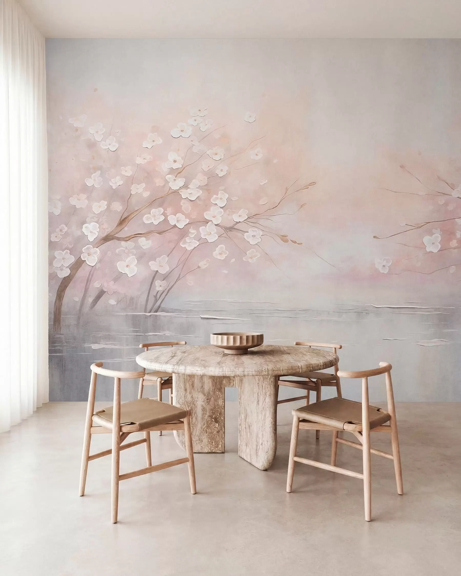 peintures murales Des branches fleuries au-dessus d'une eau calme, dans des tons rose pâle w05858