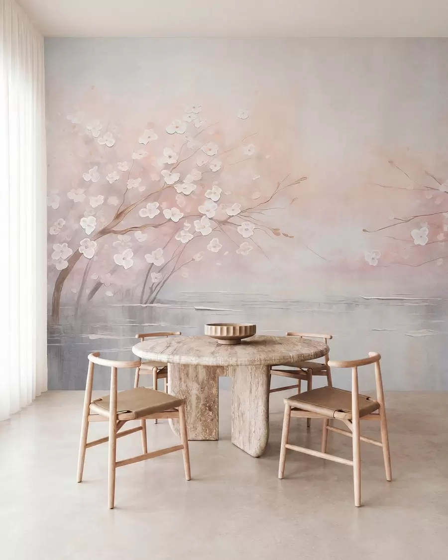 peintures murales Des branches fleuries au-dessus d'une eau calme, dans des tons rose pâle w05858