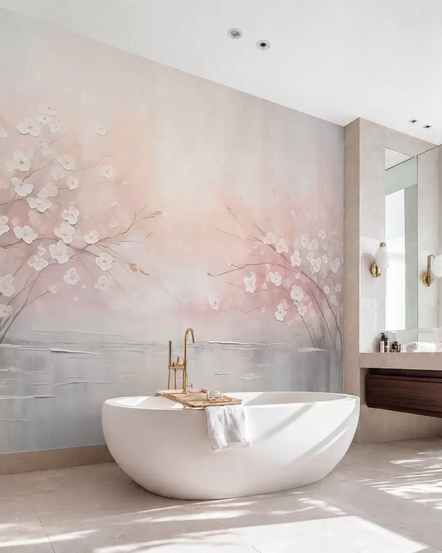 peintures murales Des branches fleuries au-dessus d'une eau calme, dans des tons rose pâle w05858