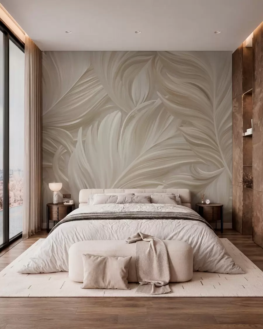wall murals A large, painted, curved feather in warm beige tones w05757