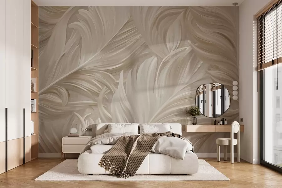 murales Una pluma grande, pintada y curvada en cálidos tonos beige w05757