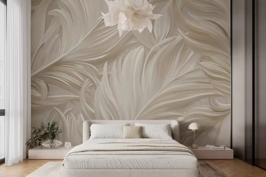 Wall Mural Photo Wallpaper A large, painted, curved feather in warm beige tones w05757