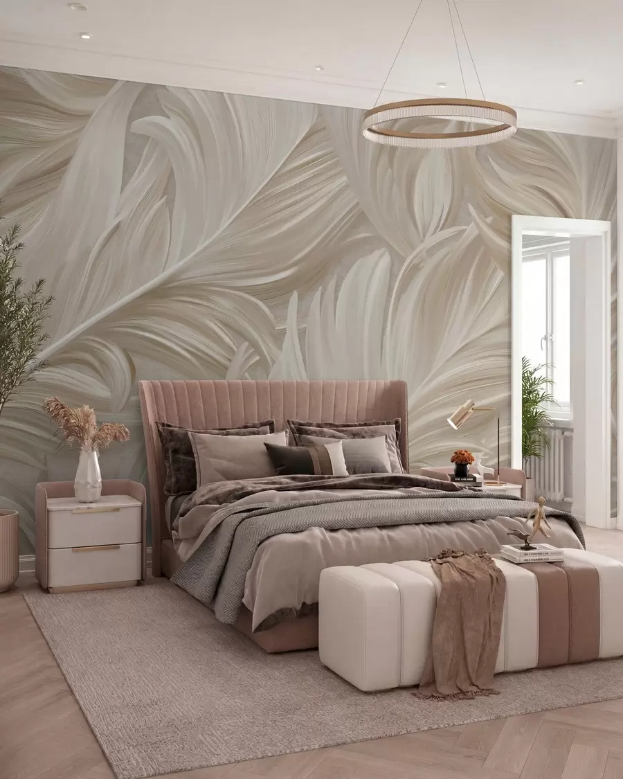 peintures murales Une grande plume peinte et incurvée, dans des tons beiges chauds w05757