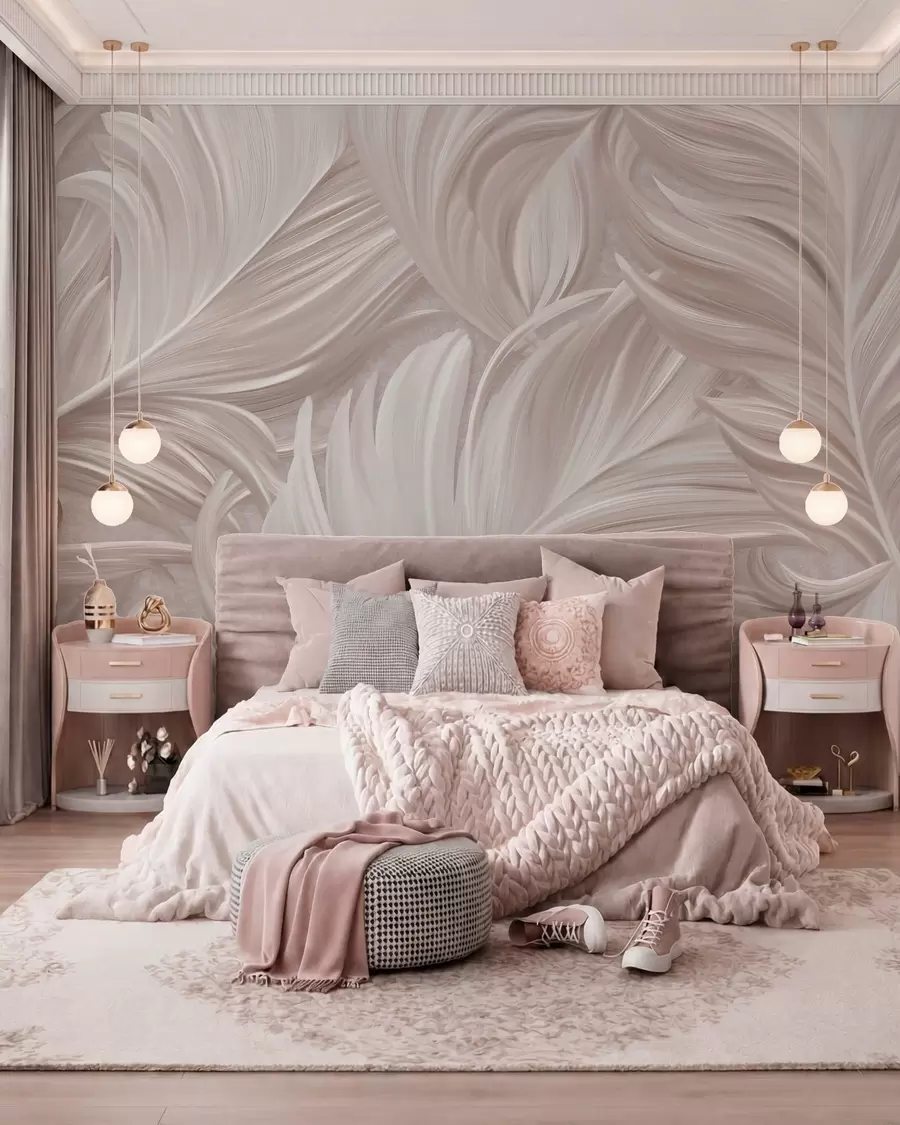 wall murals A large, painted, curved feather in shades of pink pearls w05757v1