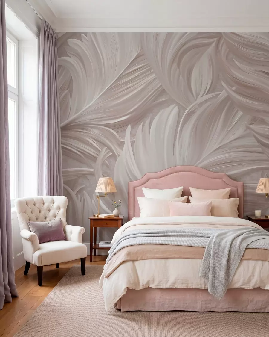 murales Una pluma grande, pintada y curvada en tonos rosa perla w05757v1