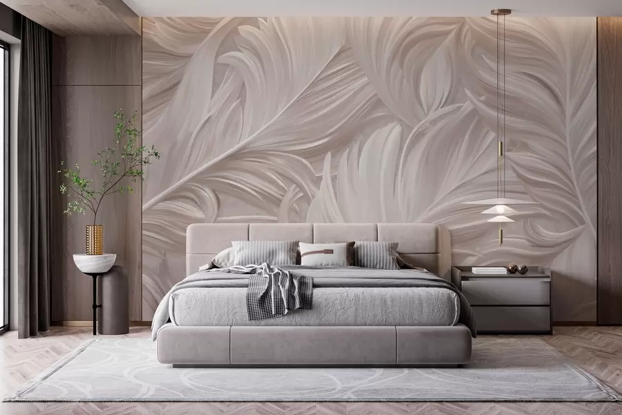 wall murals A large, painted, curved feather in shades of pink pearls w05757v1