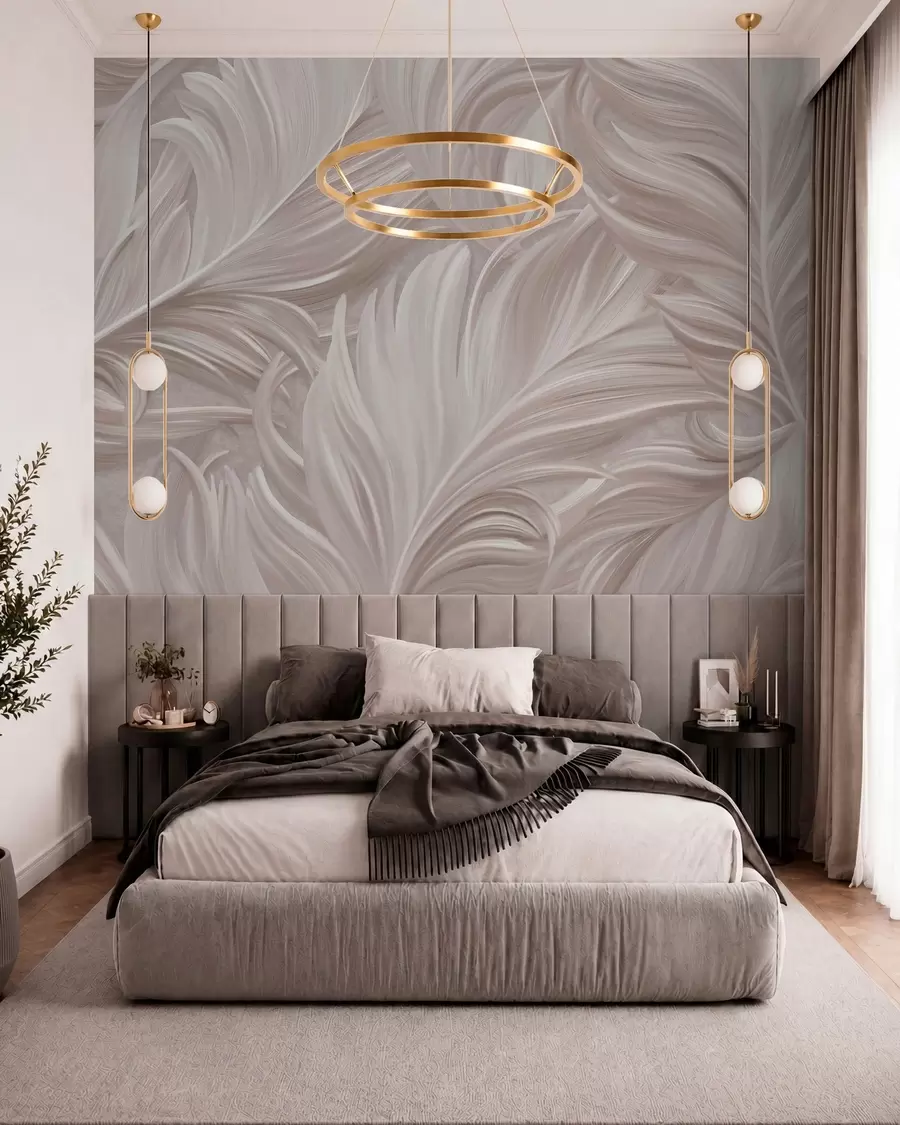 wall murals A large, painted, curved feather in shades of pink pearls w05757v1