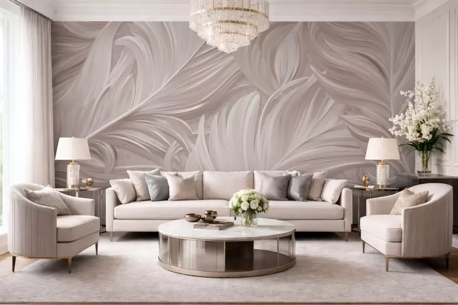 wall murals A large, painted, curved feather in shades of pink pearls w05757v1