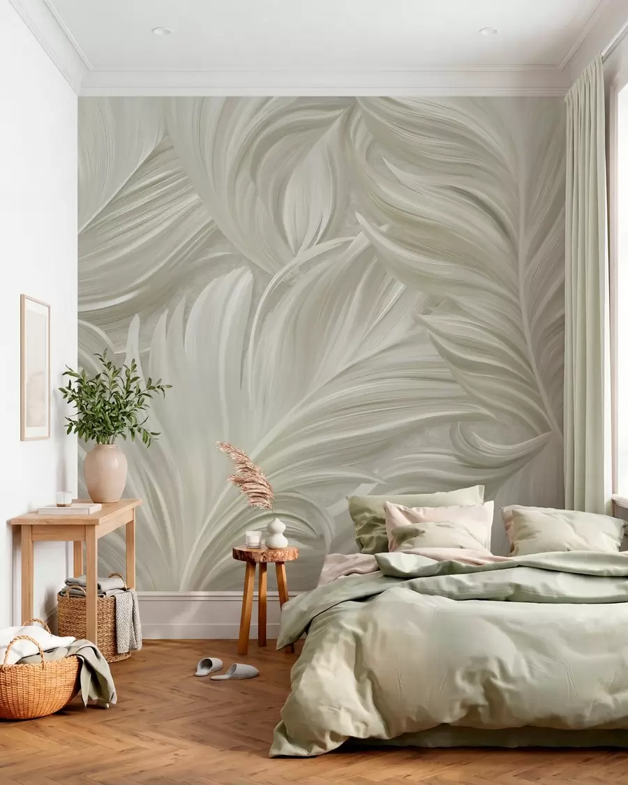 Wall Mural Photo Wallpaper A large, painted, curved feather in shades of cool beige w05757v2