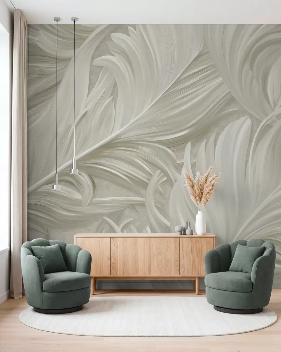 murales Una pluma grande, pintada y curvada en tonos beige fríos w05757v2