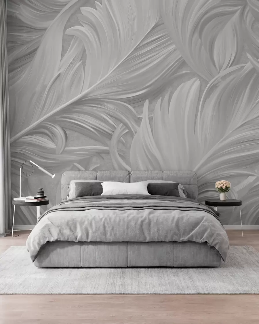 wall murals A large, painted, curved feather in shades of grey w05757v3