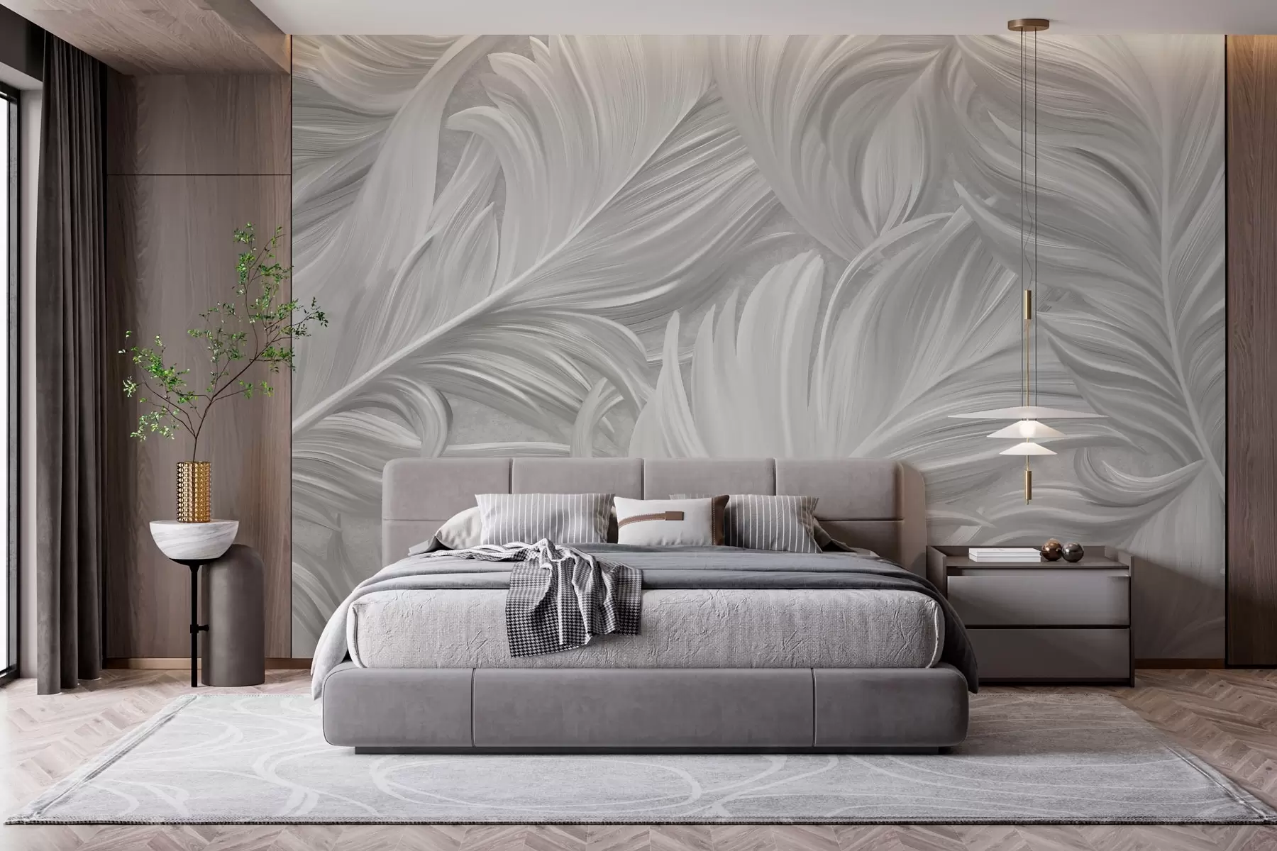 wall murals A large, painted, curved feather in shades of grey w05757v3