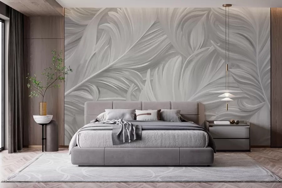 Wall Mural Photo Wallpaper A large, painted, curved feather in shades of grey w05757v3