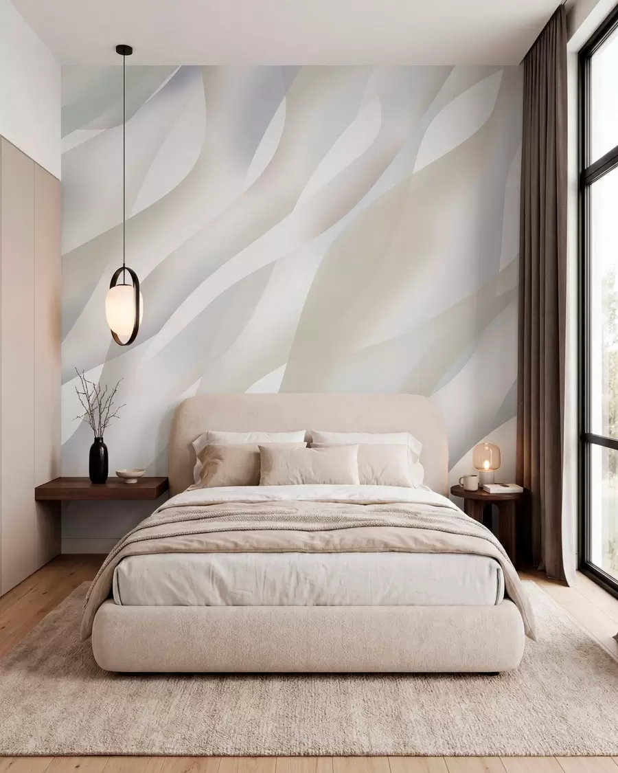 wall murals Abstract waves in shades of grey and beige against a white background w05758