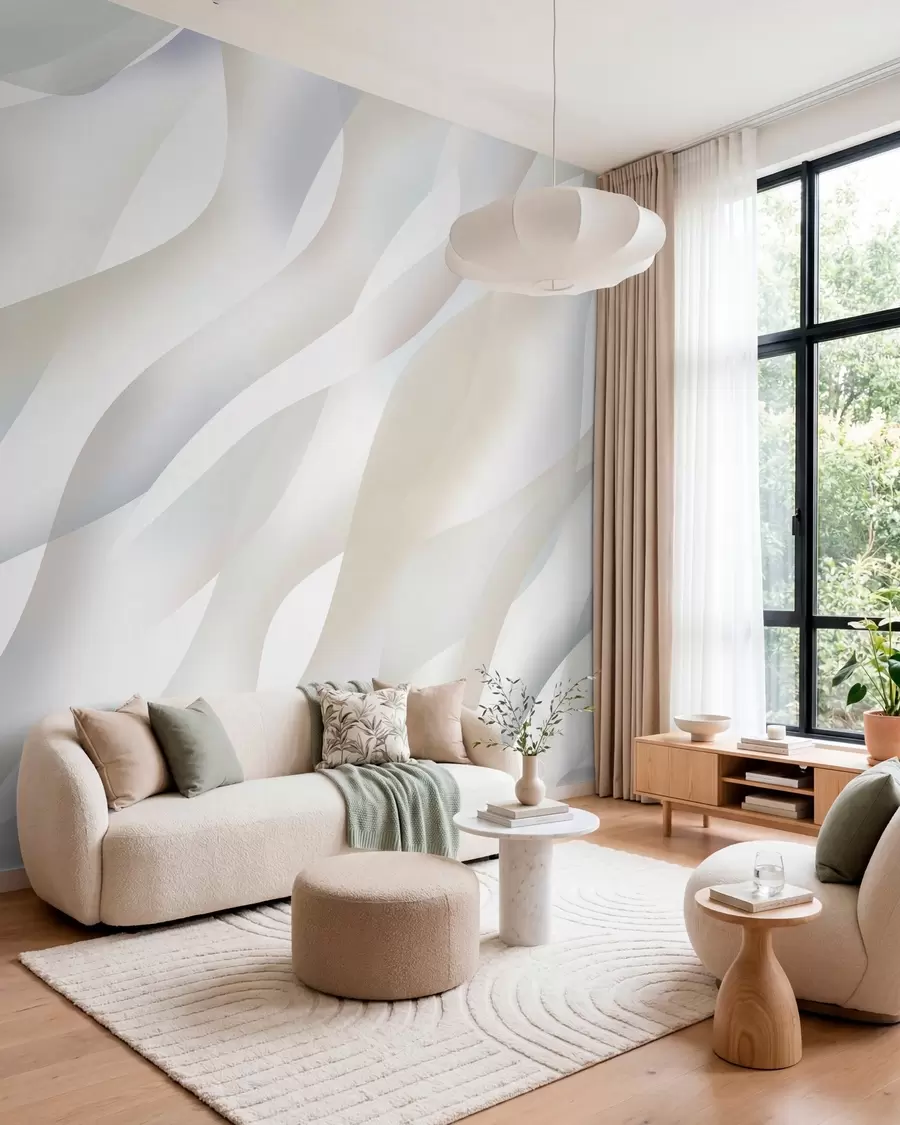 wall murals Abstract waves in shades of grey and beige against a white background w05758