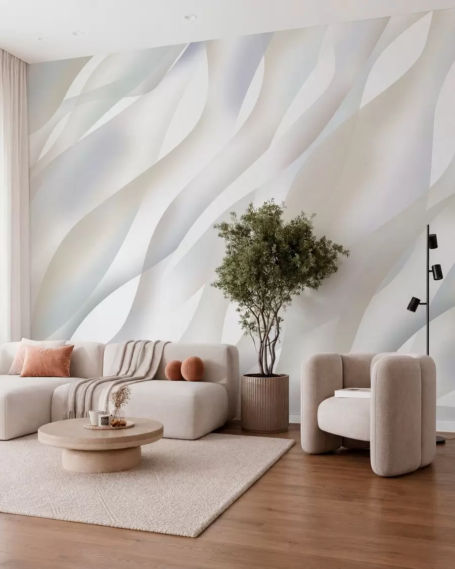 murales Olas abstractas en tonos grises y beige sobre un fondo blanco w05758