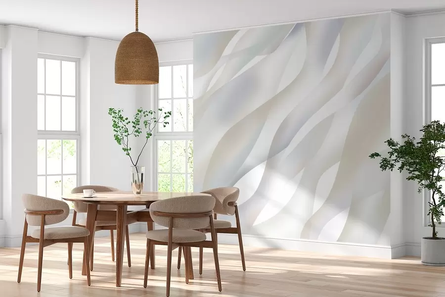 peintures murales Vagues abstraites dans des nuances de gris et de beige sur fond blanc w05758