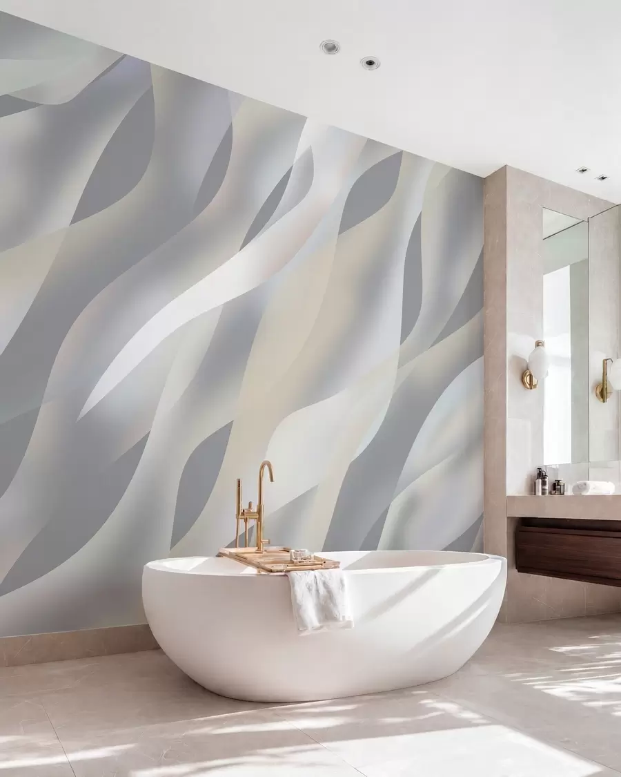 peintures murales Vagues abstraites dans des nuances de gris et de beige sur un fond gris foncé w05758v2