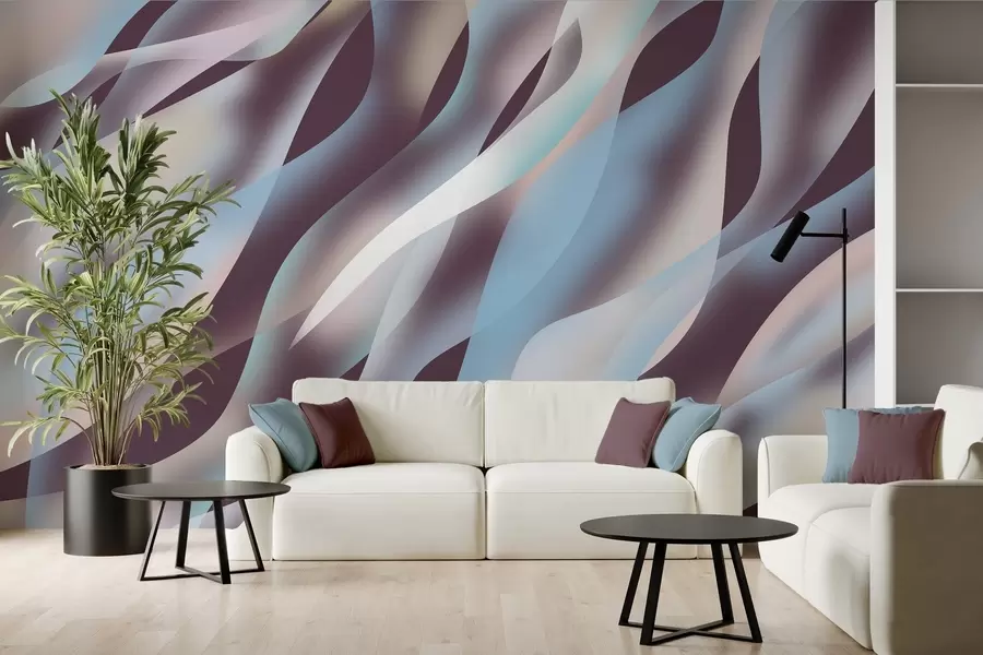 Wall Mural Photo Wallpaper Abstract waves in shades of blue, pink and beige against a dark aubergine background w05758v3
