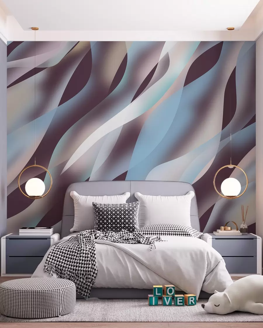 murales Olas abstractas en tonos azules, rosas y beige sobre un fondo morado oscuro w05758v3