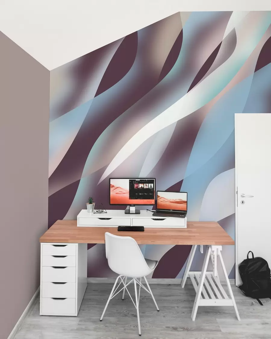 wall murals Abstract waves in shades of blue, pink and beige against a dark aubergine background w05758v3
