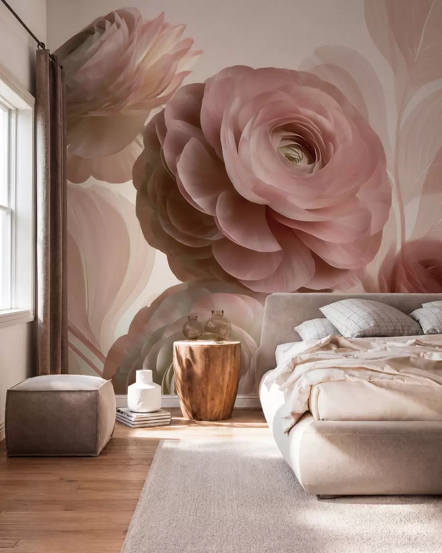 murales Flores de ranúnculo de color rosa empolvado, de gran tamaño, con pétalos translúcidos en suaves tonos rosa y beige w09998
