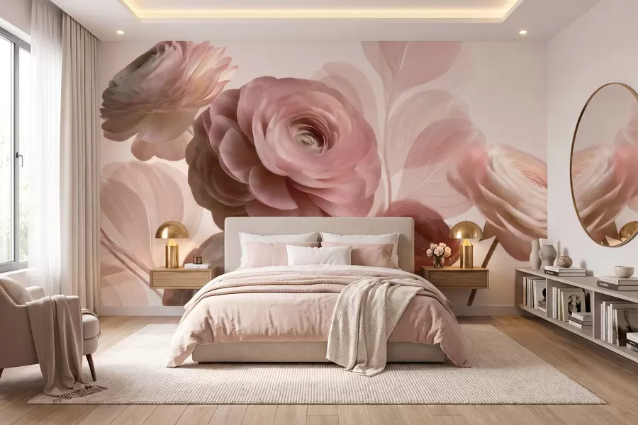 wall murals Voluminous powder-pink ranunculus flowers with translucent petals in soft pink and beige tones w09998
