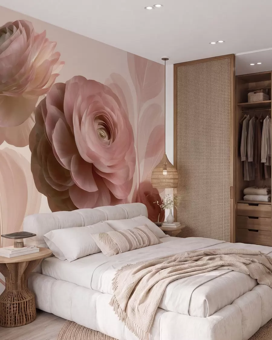 peintures murales De volumineuses fleurs de renoncule rose poudré aux pétales translucides, dans des tons de rose pâle et de beige w09998