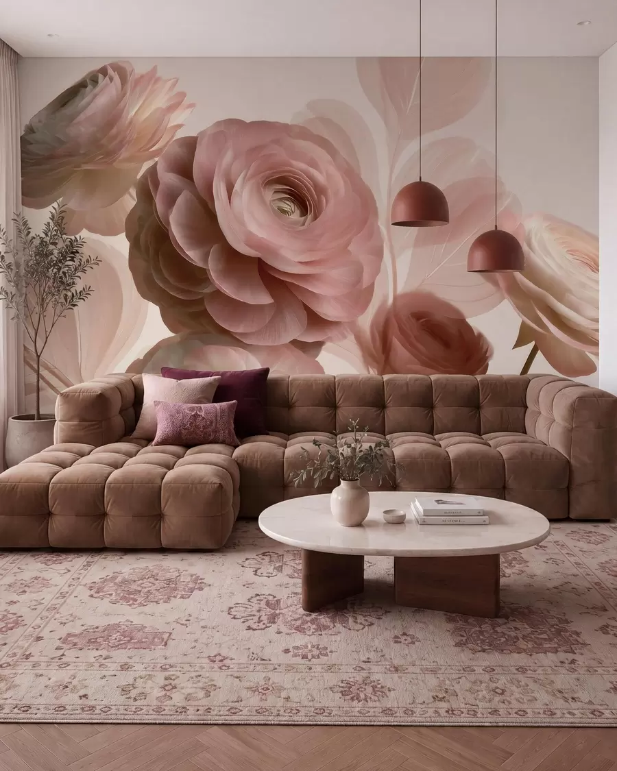 murales Flores de ranúnculo de color rosa empolvado, de gran tamaño, con pétalos translúcidos en suaves tonos rosa y beige w09998