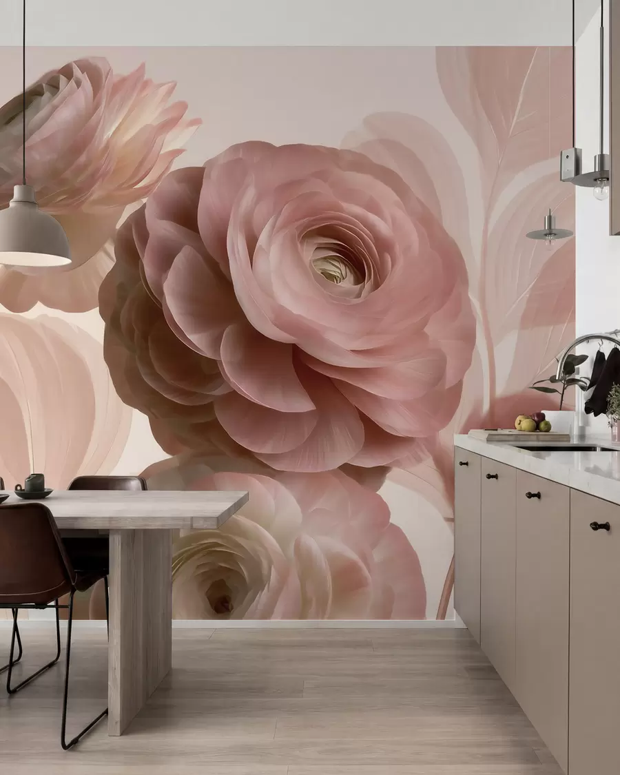 peintures murales De volumineuses fleurs de renoncule rose poudré aux pétales translucides, dans des tons de rose pâle et de beige w09998