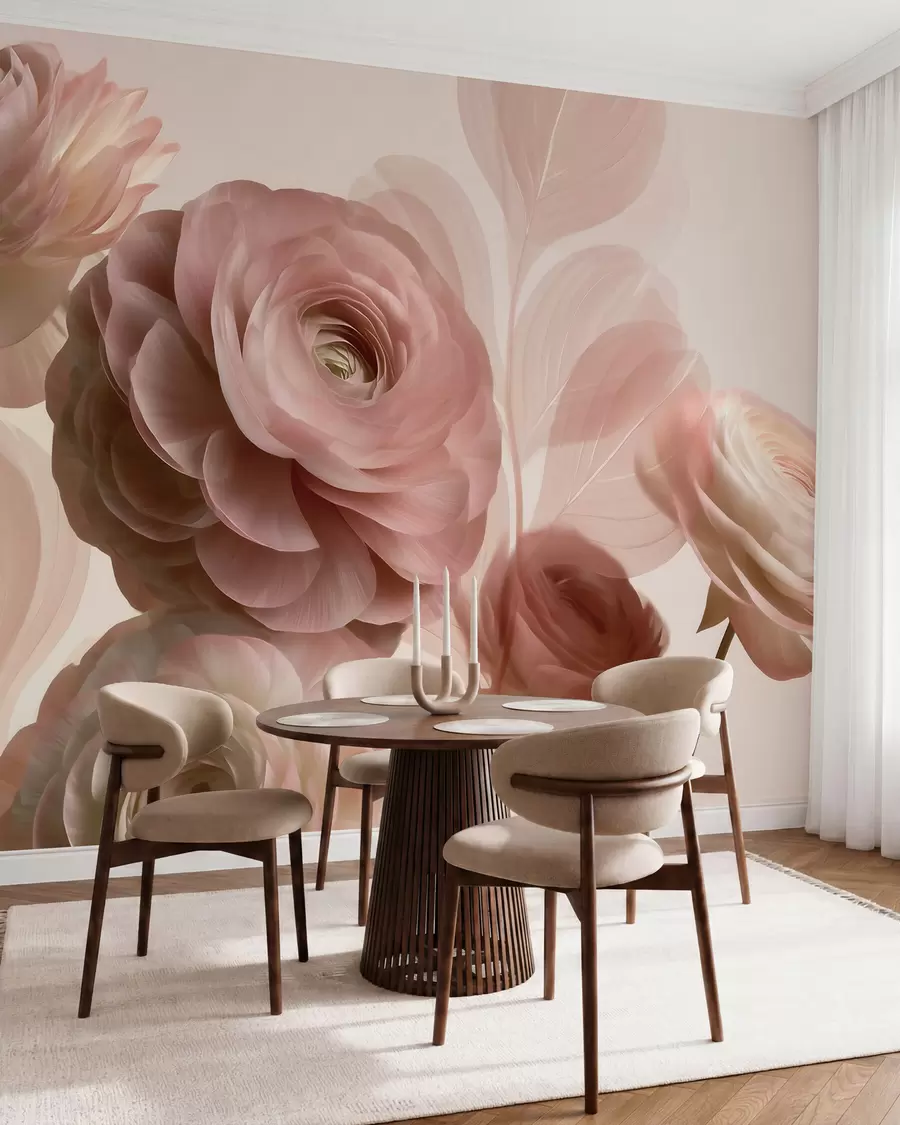 peintures murales De volumineuses fleurs de renoncule rose poudré aux pétales translucides, dans des tons de rose pâle et de beige w09998